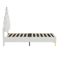 Lit enfant capitonné 90x200cm en PU, lit simple avec éclairage LED tête et pied de lit, chargeur EU inclus, Blanc><noscript><img width=