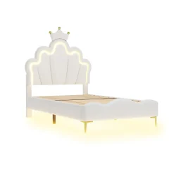 Lit enfant capitonné 90x200cm en PU, lit simple avec éclairage LED tête et pied de lit, chargeur EU inclus, Blanc><noscript><img width=