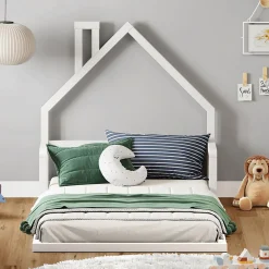 Lit enfant ELOA type Montessori, couchage 90x200 cm, en pin massif lasuré blanc><noscript><img width=