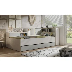 Lit enfant ELYO 90x200 cm Avec tiroirs, niches et étagères Gris, blanc & chene clair>Meublorama Clearance