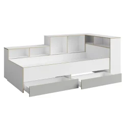 Lit enfant ELYO 90x200 cm Avec tiroirs, niches et étagères Gris, blanc & chene clair><noscript><img width=