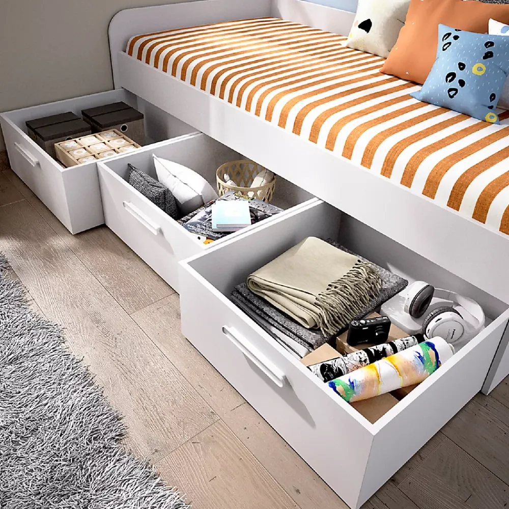 Pegane Lit enfant gigogne 90 x 190 cm en mélamine coloris blanc avec 3 tiroirs - Longueur 194.3 x Profondeur 97 x Hauteur 60 cm* Tête De Lit