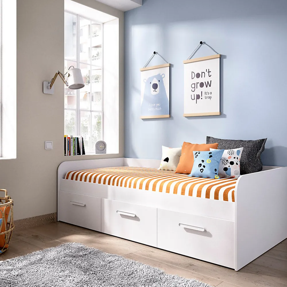 Pegane Lit enfant gigogne 90 x 190 cm en mélamine coloris blanc avec 3 tiroirs - Longueur 194.3 x Profondeur 97 x Hauteur 60 cm* Tête De Lit