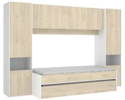 Lit enfant gigogne 90 x 190 cm coloris blanc /chêne + armoire - Longueur 302 x Hauteur 203 x Profondeur 97 cm>Pegane Online