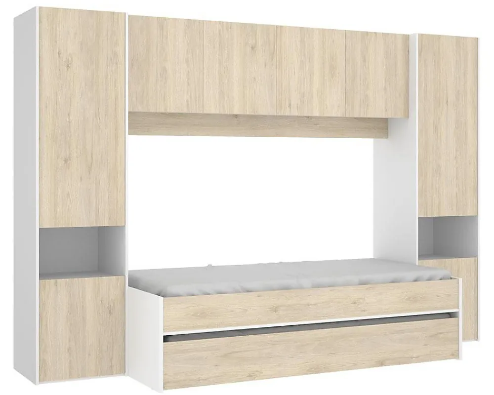 Lit enfant gigogne 90 x 190 cm coloris blanc /chêne + armoire - Longueur 302 x Hauteur 203 x Profondeur 97 cm>Pegane Online
