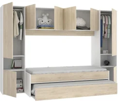 Lit enfant gigogne 90 x 190 cm coloris blanc /chêne + armoire - Longueur 302 x Hauteur 203 x Profondeur 97 cm>Pegane Online