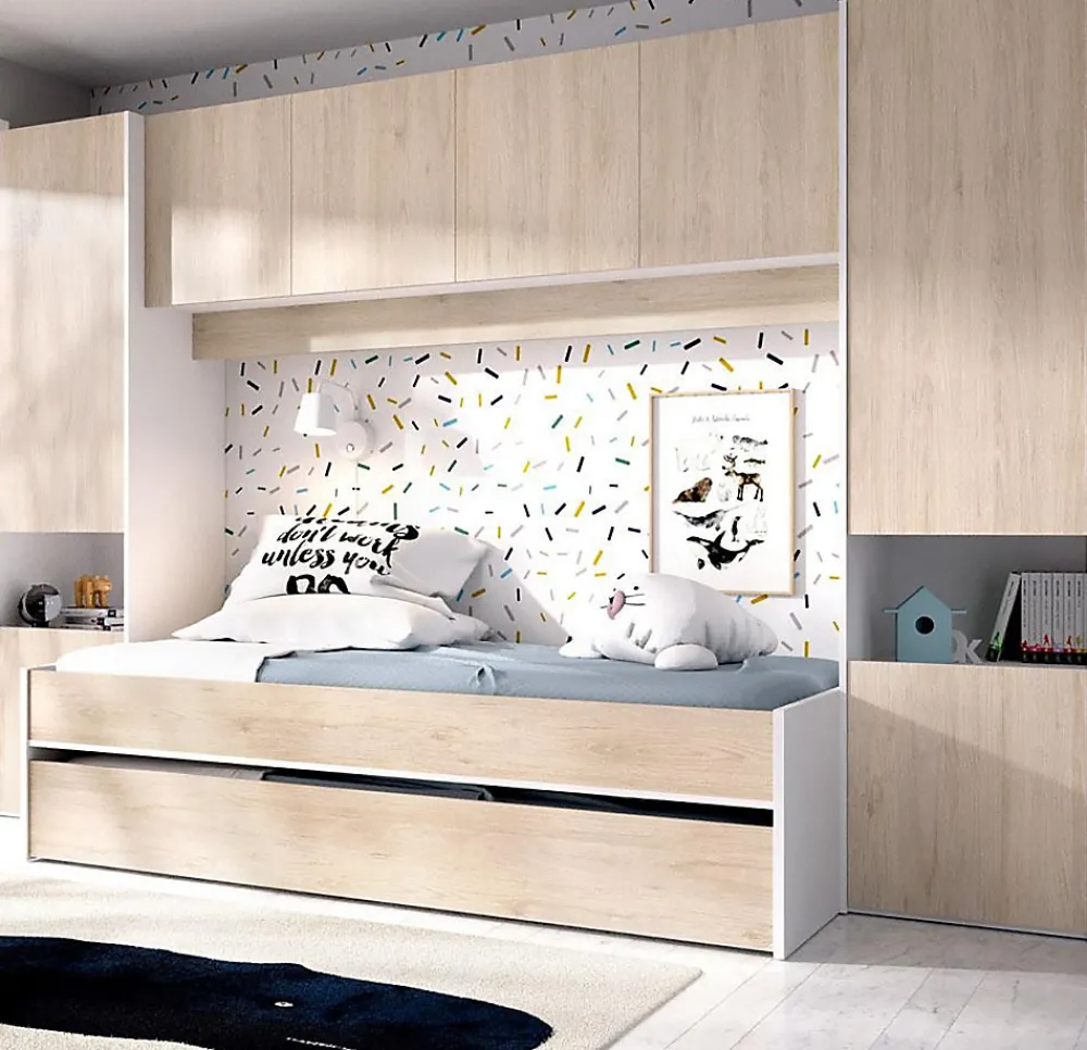 Lit enfant gigogne 90 x 190 cm coloris blanc /chêne + armoire - Longueur 302 x Hauteur 203 x Profondeur 97 cm>Pegane Online