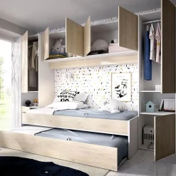 Lit enfant gigogne 90 x 190 cm coloris blanc /chêne + armoire - Longueur 302 x Hauteur 203 x Profondeur 97 cm><noscript><img width=