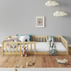 Lit enfant GUSTAVO avec sommier type Montessori 90x190 cm en bois massif - Naturel><noscript><img width=