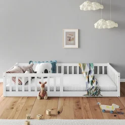 Lit enfant GUSTAVO avec sommier type Montessori 90x190 cm en bois massif - Blanc><noscript><img width=