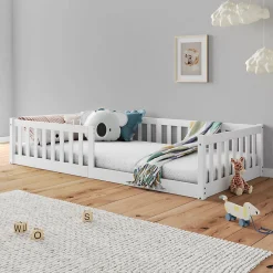 Lit enfant GUSTAVO type Montessori, couchage 90x200 cm, en pin massif lasuré blanc>Idimex Discount