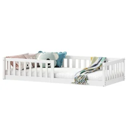 Lit enfant GUSTAVO type Montessori, couchage 90x190 cm, en pin massif lasuré blanc>Idimex Outlet