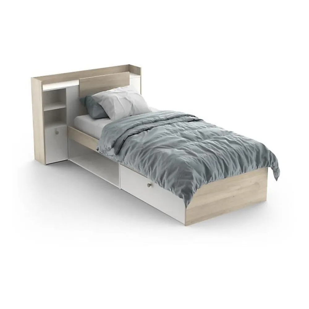 Demeyere Lit enfant LIFE 1 personne - 90X190/200 - Rangements - Décor Chene et blanc - - Fabriqué en France*Enfant Lit Enfant
