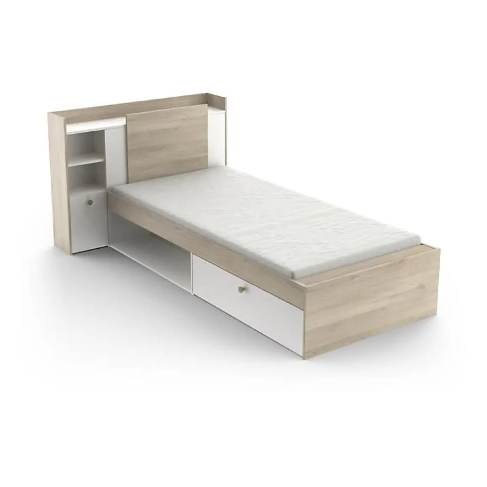 Demeyere Lit enfant LIFE 1 personne - 90X190/200 - Rangements - Décor Chene et blanc - - Fabriqué en France*Enfant Lit Enfant