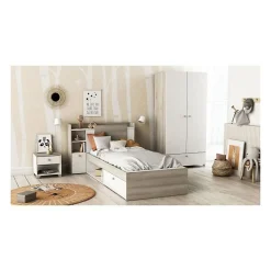 Demeyere Lit enfant LIFE 1 personne - 90X190/200 - Rangements - Décor Chene et blanc - - Fabriqué en France*Enfant Lit Enfant