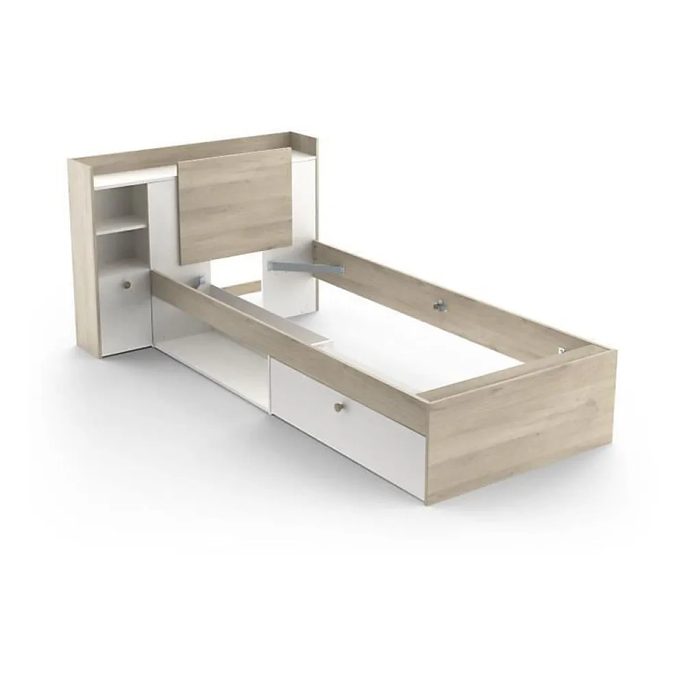 Demeyere Lit enfant LIFE 1 personne - 90X190/200 - Rangements - Décor Chene et blanc - - Fabriqué en France*Enfant Lit Enfant