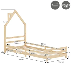 Lit enfant 90x200cm avec matelas H16cm naturel en bois forme de maison et sommier à lattes><noscript><img width=