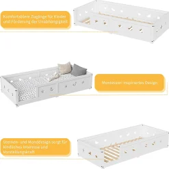 Lit enfant Montessori 90x200 cm en pin massif, barrières étoiles et lune, peinture à l eau sûre, design sécurisé, Blanc><noscript><img width=