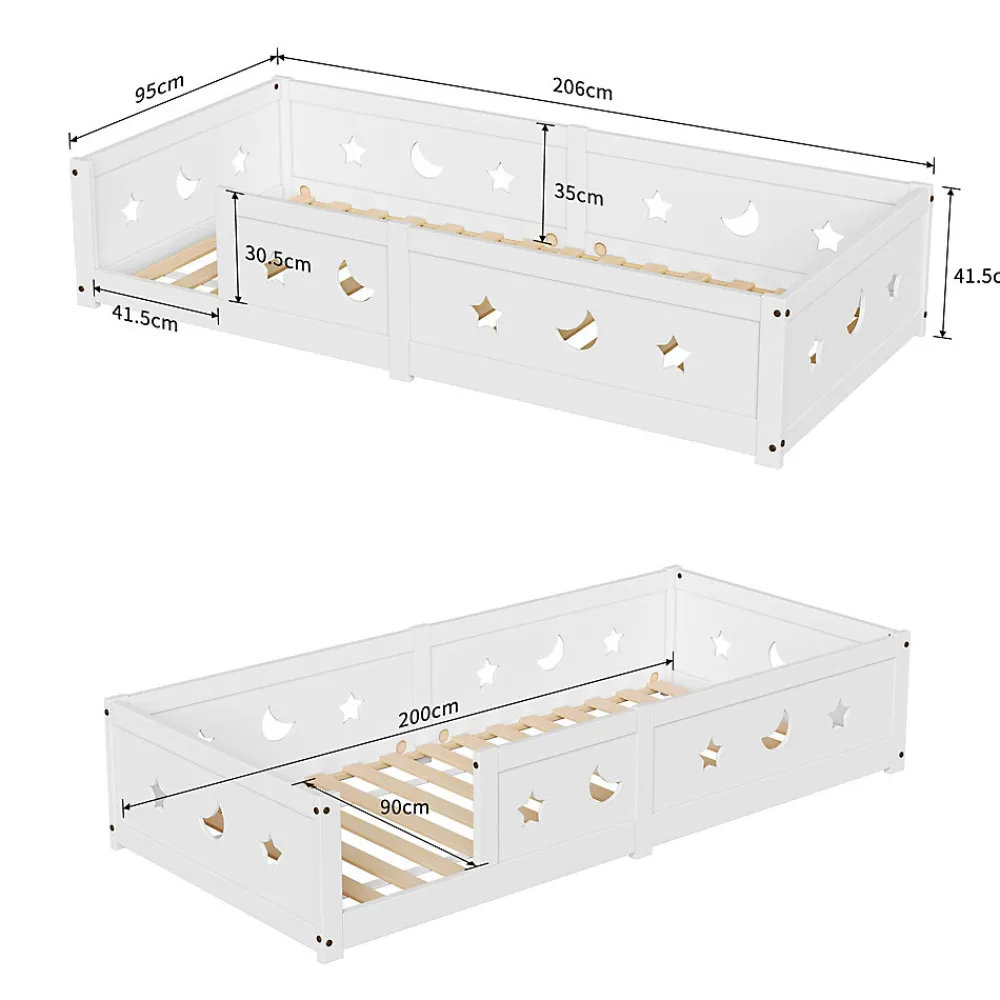 Lit enfant Montessori 90x200 cm en pin massif, barrières étoiles et lune, peinture à l eau sûre, design sécurisé, Blanc>ProximaX Outlet