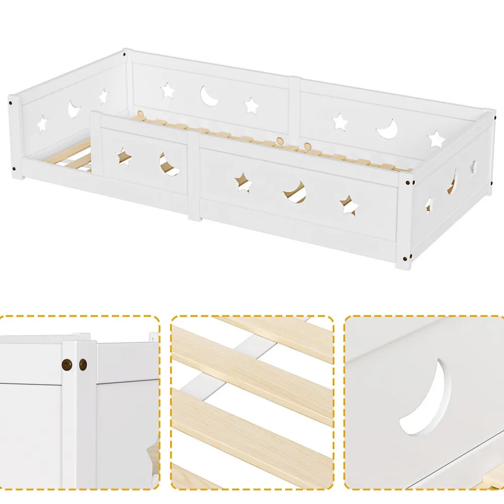 Lit enfant Montessori 90x200 cm en pin massif, barrières étoiles et lune, peinture à l eau sûre, design sécurisé, Blanc>ProximaX Outlet