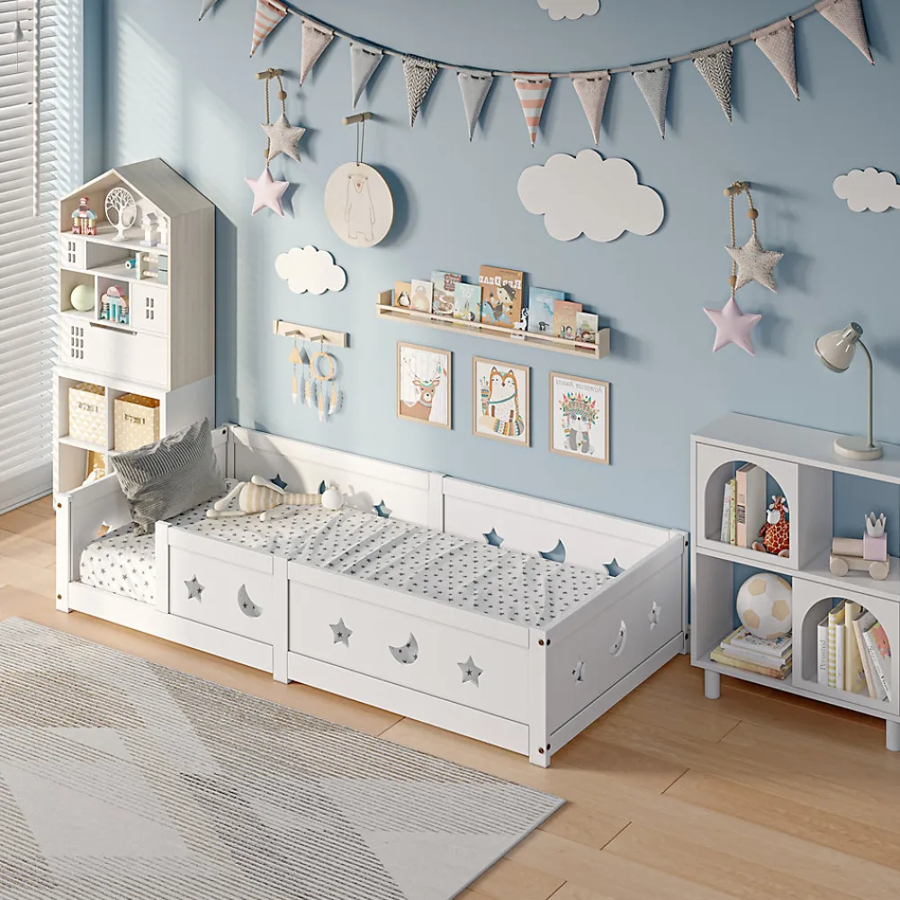 Lit enfant Montessori 90x200 cm en pin massif, barrières étoiles et lune, peinture à l eau sûre, design sécurisé, Blanc>ProximaX Outlet