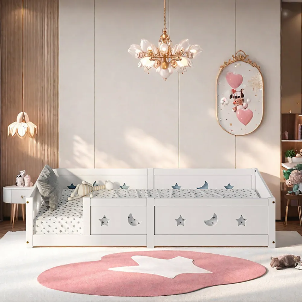Lit enfant Montessori 90x200 cm en pin massif, barrières étoiles et lune, peinture à l eau sûre, design sécurisé, Blanc>ProximaX Outlet