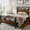 Lit enfant métal et MDF 90x200cm noir et noyer, style vintage, avec 2 tiroirs sur roulettes>Simple Life Hot