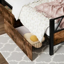 Lit enfant métal et MDF 90x200cm noir et noyer, style vintage, avec 2 tiroirs sur roulettes><noscript><img width=