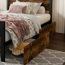 Lit enfant métal et MDF 90x200cm noir et noyer, style vintage, avec 2 tiroirs sur roulettes><noscript><img width=