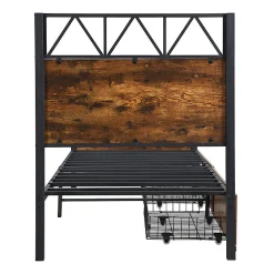 Lit enfant métal et MDF 90x200cm noir et noyer, style vintage, avec 2 tiroirs sur roulettes><noscript><img width=