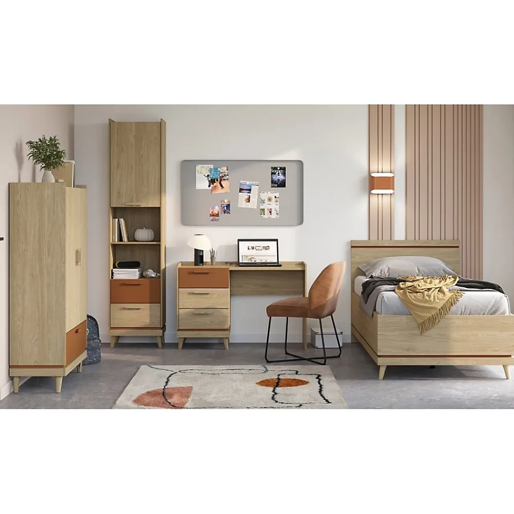 Meublorama Lit enfant NOKI 100x200 cm chene clair et moka Style scandinave sans sommier*Enfant Lit Enfant