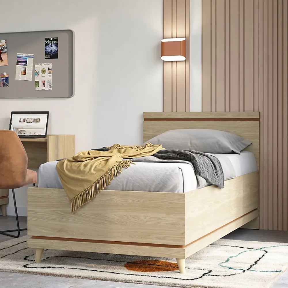 Meublorama Lit enfant NOKI 100x200 cm chene clair et moka Style scandinave sans sommier*Enfant Lit Enfant