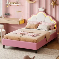 Fortuna lai Lit Enfant Rembourré 90 X 200 Cm, LED, Tête De Lit Et Sommier à Lattes Réglables En Hauteur, Rose*Enfant Lit Enfant