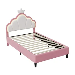Fortuna lai Lit Enfant Rembourré 90 X 200 Cm, LED, Tête De Lit Et Sommier à Lattes Réglables En Hauteur, Rose*Enfant Lit Enfant