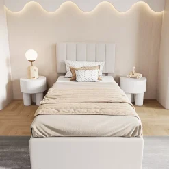 ProximaX Lit enfant rembourré 90x200 cm, lit coffre hydraulique, lit haut coffre en lin doux pour la peau, beige* Lit Coffre
