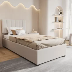 ProximaX Lit enfant rembourré 90x200 cm, lit coffre hydraulique, lit haut coffre en lin doux pour la peau, beige* Lit Coffre