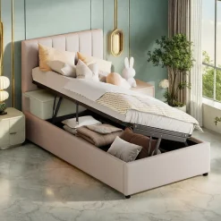 ProximaX Lit enfant rembourré 90x200 cm, lit coffre hydraulique, lit haut coffre en lin doux pour la peau, beige* Lit Coffre