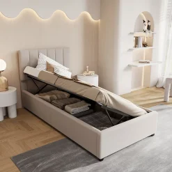 ProximaX Lit enfant rembourré 90x200 cm, lit coffre hydraulique, lit haut coffre en lin doux pour la peau, beige* Lit Coffre