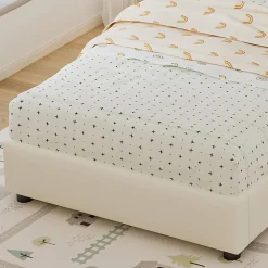 Lit enfant rembourré 90x200 cm - tête de lit en forme de biscuit - avec sommier à lattes - PU+contreplaqué - Beige(sans matelas)><noscript><img width=
