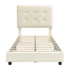 Lit enfant rembourré 90x200 cm - tête de lit en forme de biscuit - avec sommier à lattes - PU+contreplaqué - Beige(sans matelas)><noscript><img width=
