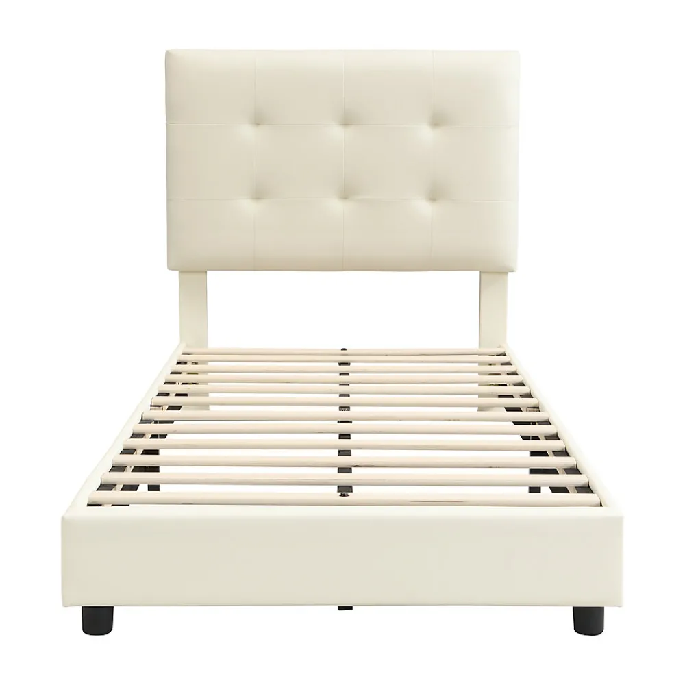 Lit enfant rembourré 90x200 cm - tête de lit en forme de biscuit - avec sommier à lattes - PU+contreplaqué - Beige(sans matelas)>ModernLuxe Online