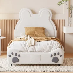 Fortuna lai Lit Enfant Rembourré 90x200 Cm, Avec Tête De Lit En Forme D'ours En Velours Doux Pour La Peau, Blanc*Enfant Lit Enfant