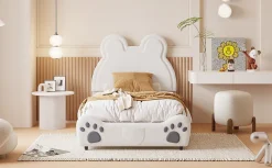 Fortuna lai Lit Enfant Rembourré 90x200 Cm, Avec Tête De Lit En Forme D'ours En Velours Doux Pour La Peau, Blanc*Enfant Lit Enfant