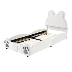 Fortuna lai Lit Enfant Rembourré 90x200 Cm, Avec Tête De Lit En Forme D'ours En Velours Doux Pour La Peau, Blanc*Enfant Lit Enfant