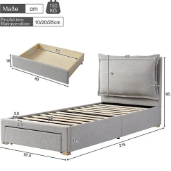 Blackcolors Lit enfant rembourré 90x200 cm, lattes, tête chenille, rangement - gris* Lit Coffre