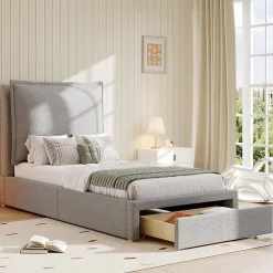 Blackcolors Lit enfant rembourré 90x200 cm, lattes, tête chenille, rangement - gris* Lit Coffre