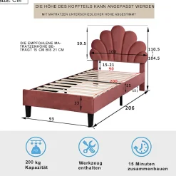 Lit Enfant Rembourré 90x200 Cm Avec Tête De Lit Fleurie Et Sommier à Lattes, Velours, Rouge><noscript><img width=