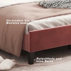 Lit Enfant Rembourré 90x200 Cm Avec Tête De Lit Fleurie Et Sommier à Lattes, Velours, Rouge><noscript><img width=