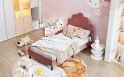 Lit Enfant Rembourré 90x200 Cm Avec Tête De Lit Fleurie Et Sommier à Lattes, Velours, Rouge><noscript><img width=
