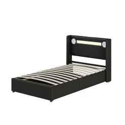 Lit Enfant Rembourré 90x200cm Avec Bande Lumineuse LED Et Chargement USB, Sommier à Lattes, Noir>Fortuna lai Best